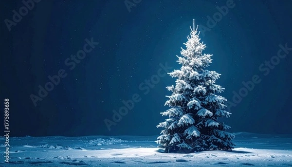 Fototapeta Snow-Covered Christmas Tree Shines in the Night Winter's Enchanting Beauty