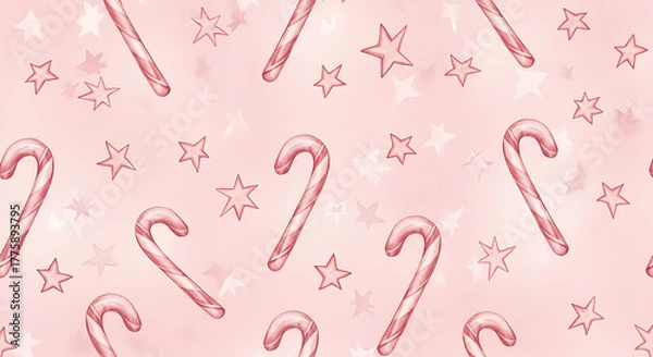 Fototapeta Festive seamless pattern of pink watercolor candy canes and stars on a soft pastel background.