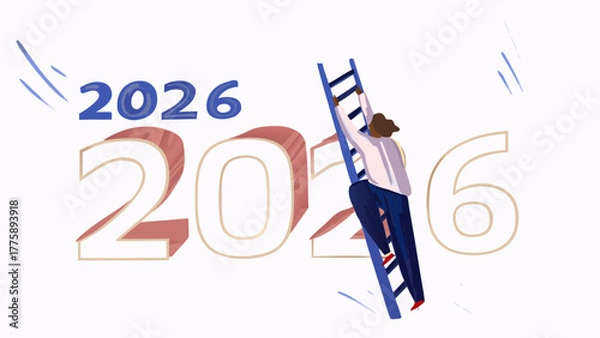 Fototapeta A person climbing a ladder next to the year 2026 with the number six partially obscured by the ladder