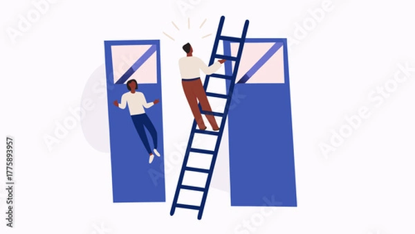 Fototapeta Man climbing a ladder between two blue buildings with another person in the building on the left