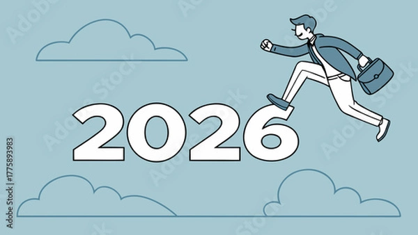 Fototapeta A businessman stepping over the year 2026 with clouds in the background carrying a briefcase