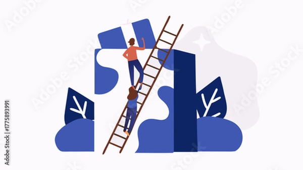 Fototapeta Teamwork illustration showing two people climbing a ladder to complete a puzzle together