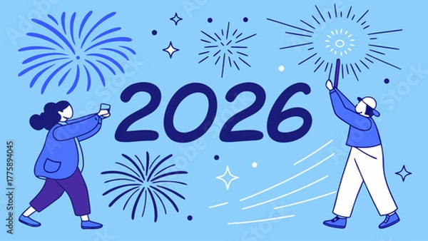Fototapeta Illustration of people celebrating with fireworks and drinks for the year two thousand twenty six