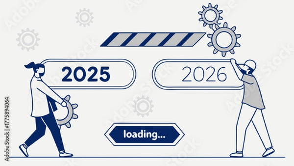 Fototapeta People moving gears for loading bar with 2025 and 2026 dates and loading indicator on a white background