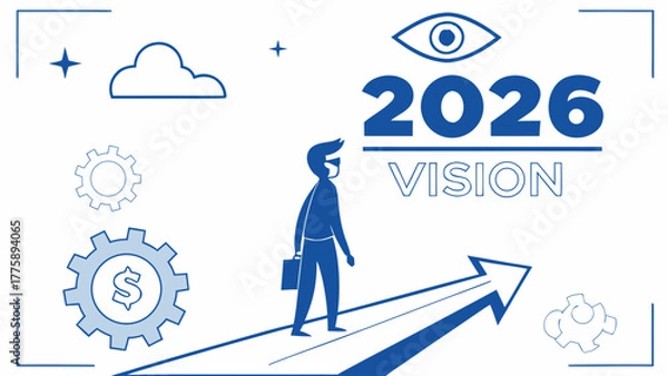 Fototapeta Illustration of a man walking on an arrow towards the year 2026 with vision and business icons around him