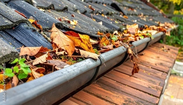 Fototapeta Seasonal problem of a blocked roof gutter filled with vibrant autumn foliage, requiring cleaning before winter