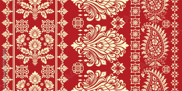 Fototapeta floral pattern vintage ethnic modern embroidery texture boho design vector illustration hand drawn pink flower motif branches leaves wallpaper seamless background border.	
