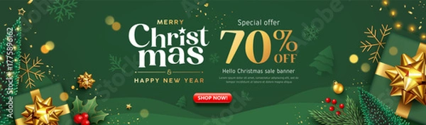 Fototapeta Merry christmas and Happy new year sale, gift box and ornaments banner design on green background