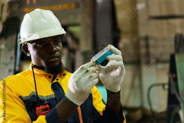 Fototapeta African engineer inspecting metal part from machine for quality and precision.