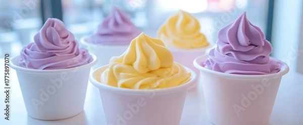 Obraz Vibrant Pastel Soft Serve Ice Cream Cups: Refreshing Purple and Yellow Swirls