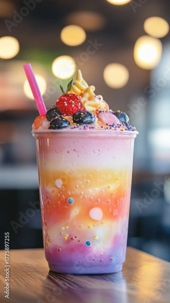 Obraz Vibrant Rainbow Layered Smoothie with Fresh Berries and Soft Serve Ice Cream Topping