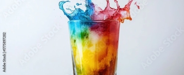 Obraz Vibrant Rainbow Liquid Splash in Glass Against White Backdrop, High-Speed Photography
