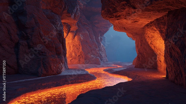 Fototapeta A glowing lava river flows through a dark, rocky cave with an opening ahead