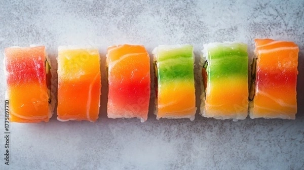 Obraz Vibrant Rainbow Sushi Rolls Arranged Artfully on a Textured Gray Surface