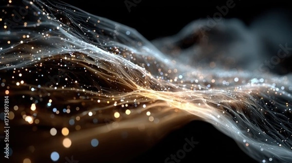 Fototapeta Abstract illustration of glowing particles and flowing lines over a dark background