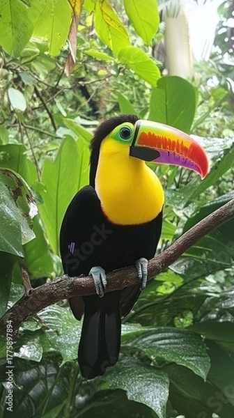 Obraz Vibrant Rainbow-Billed Toucan Perched on Branch, Lush Green Foliage