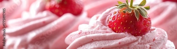 Obraz Vibrant Red Strawberry Crowned on Swirling Pink Whipped Dessert, Close-up of Sweet Indulgence