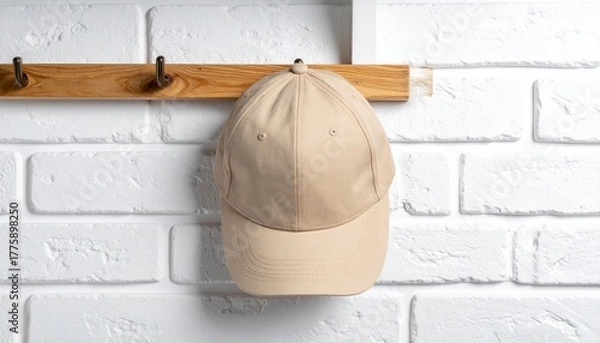 Obraz Simple beige baseball cap hanging on a wooden hook against a textured white brick wall, portraying everyday style and casual comfort in a clean home setting