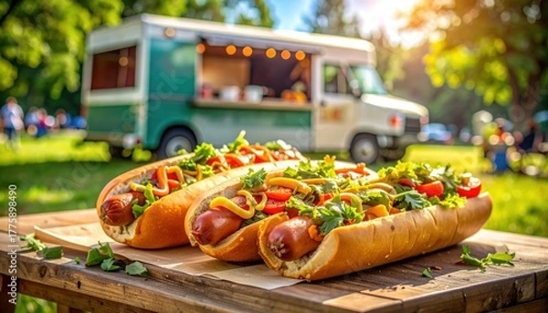 Fototapeta A delicious close-up of three gourmet hot dogs with assorted toppings on a rustic table at an outdoor summer food festival