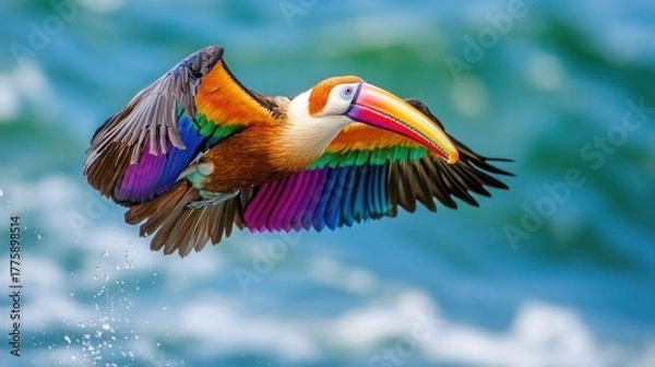 Obraz Vibrant Toucan in Mid-Flight, Wings Spread Wide Over Turquoise Waters
