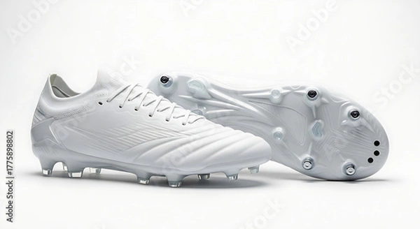 Obraz Clean studio photograph showcasing the detail of new, monochrome white football boots, focusing on the upper texture and the studded sole.