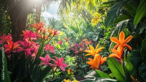 Obraz Vibrant Tropical Garden: Pink and Orange Flowers in Lush Greenery, Sunlit Paradise