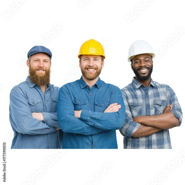 Obraz Three Smiling Construction Workers in Blue Shirts and Jeans Wearing Safety Helmets, Isolated on White Background