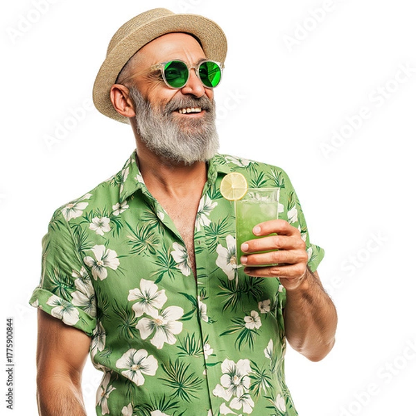 Obraz Happy Man in Green Hawaiian Shirt Holding Cocktail and Smiling, Isolated on White Background 