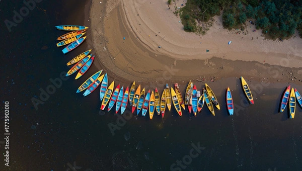 Fototapeta Brightly colored boats lined along a sandy riverbank create vibrant contrast with dark water on a sunny day. Generative AI.
