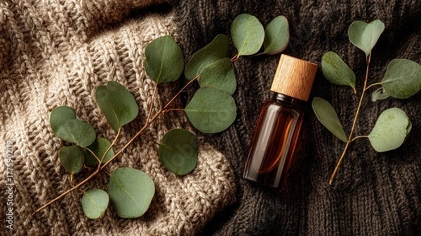 Obraz Natural Eucalyptus Leaves and Essential Oil Bottle on Cozy Knit Blankets