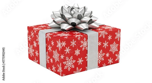 Fototapeta Red Christmas Gift Box with Silver Ribbon and Snowflake Wrapping

