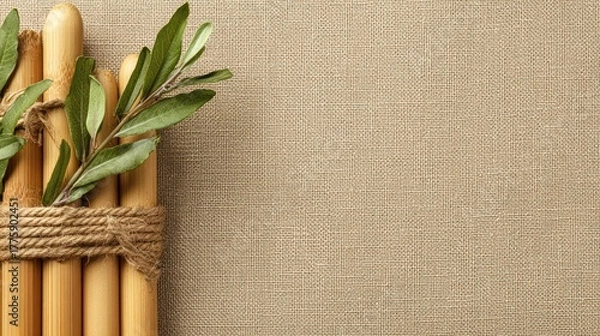 Obraz Natural Green Olive Branches and Bamboo Sticks in Rope Basket on Neutral Textured Background