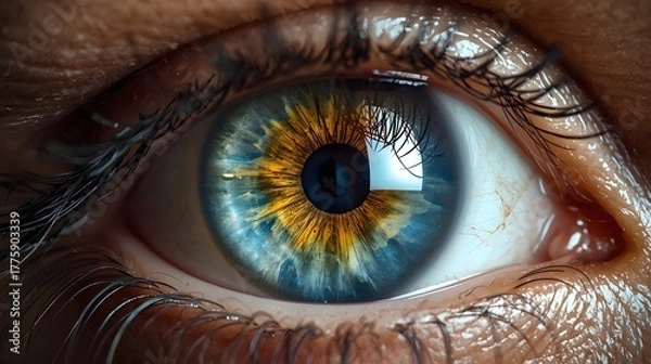 Fototapeta A detailed closeup of a human eye with intricate patterns and reflections