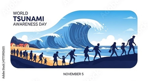 Fototapeta Vector illustration of a community evacuating a powerful tsunami wave, highlighting disaster preparedness and safety