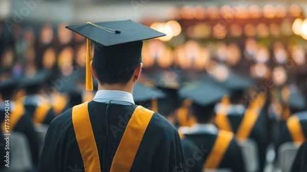 Fototapeta A student in a graduation gown stands in front of a crowd of graduates in caps and gowns.