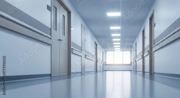 Fototapeta A hospital hallway with doors and windows, illuminated by overhead lights.