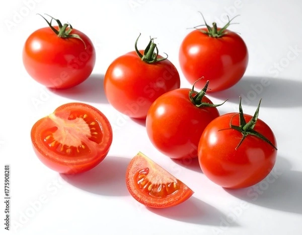 Obraz Fresh, ripe tomatoes, whole and sliced, on a clean white backdrop