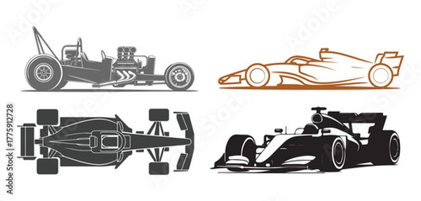 Fototapeta Racing Car Vector Illustrations – Formula 1, Dragster, and Speed Car Designs for Graphic Art and Logos.