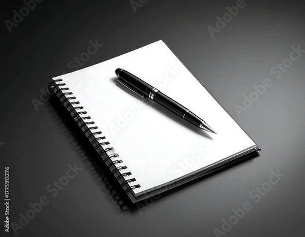 Fototapeta Spiral-bound notebook and sleek pen resting on a dark gray surface
