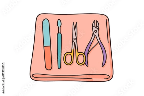 Obraz Nail care tools and equipment arranged on pink textile background manicure tools on towel