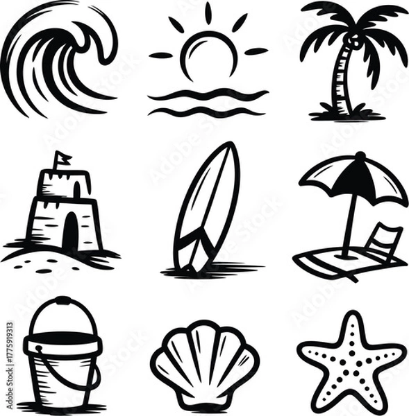 Obraz Beach icons silhouette Bundle wave palm tree