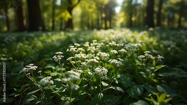 Fototapeta woodruff. Woodruff plants with clusters of small white flowers growing in forest shade. gardening catalogs, home-decor guides, designed for home decor and floral branding.
