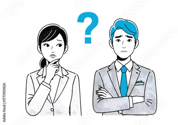 Fototapeta Confused business people man and woman question mark uncertainty doubt concern stress - Flat Vector Illustration. Colored vector illustration