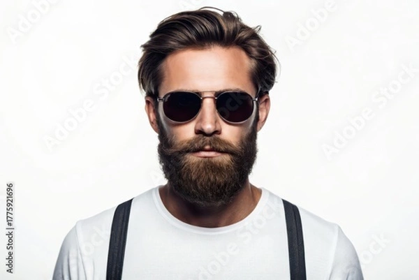 Fototapeta Man with beard sunglasses and suspenders looking forward isolated on white background