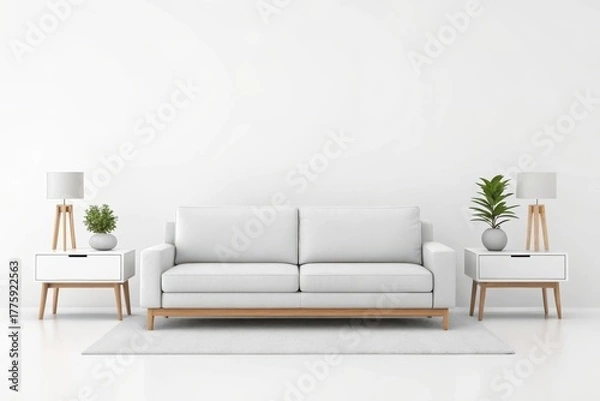 Fototapeta Modern living room setup with white sofa and matching side tables