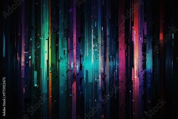 Obraz Abstract glitch texture with chaotic digital noise, torn pixels, bright neon colors (blue, purple, red, green), horizontal lines, rendering artifacts, and noise. There should be a glitch effect, disto