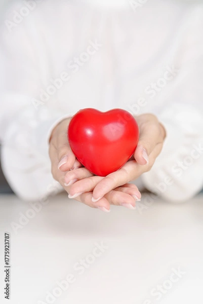 Obraz woman hand holding red heart shape. love, donor, September world heart day, world health day, CSR donation and Insurance concepts