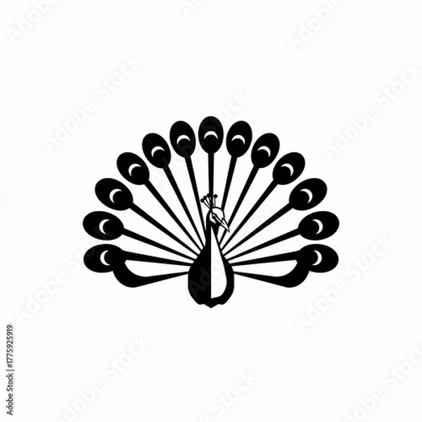 Obraz A stylized black and white illustration of a peacock with a fanned tail. The image is a simple, symmetrical design on a white background