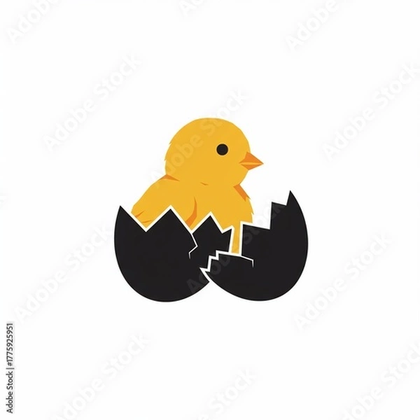 Obraz A vibrant yellow chick emerges from a cracked, dark eggshell against a clean white backdrop, in a simple, illustrative style
