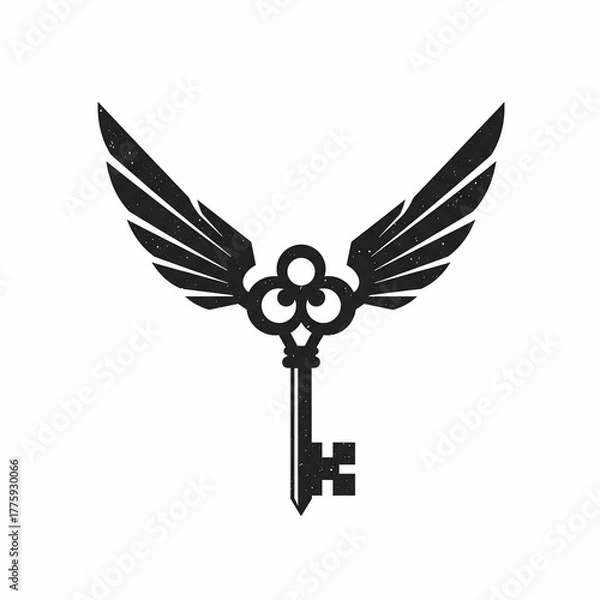 Obraz Intricate, black antique key with ornate detailing, wings spread above. White background. A vintage, symbolic design for opening secrets